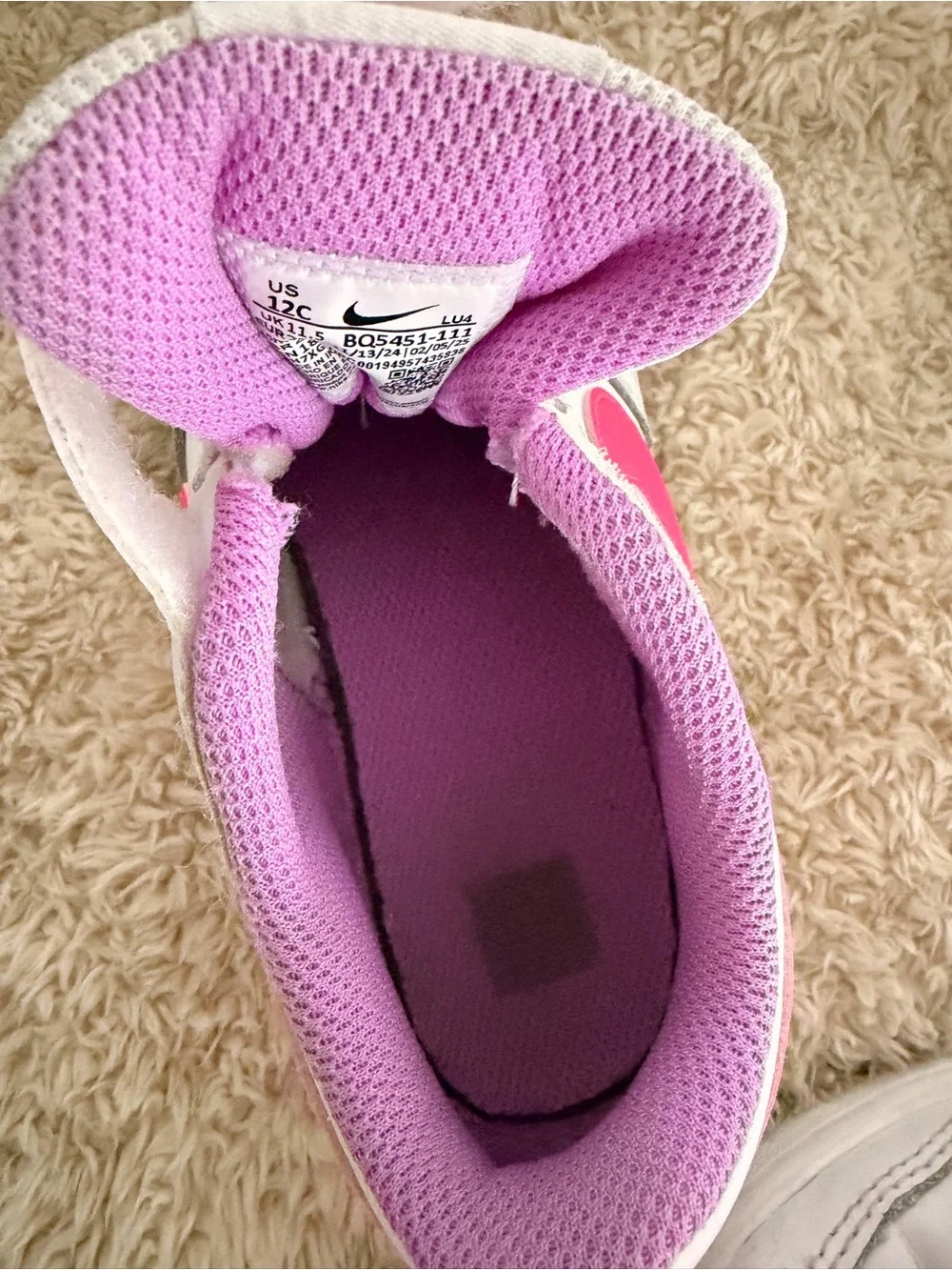 Nike White Kids Sneakers with Hot Pink Swoosh and Purple Lining